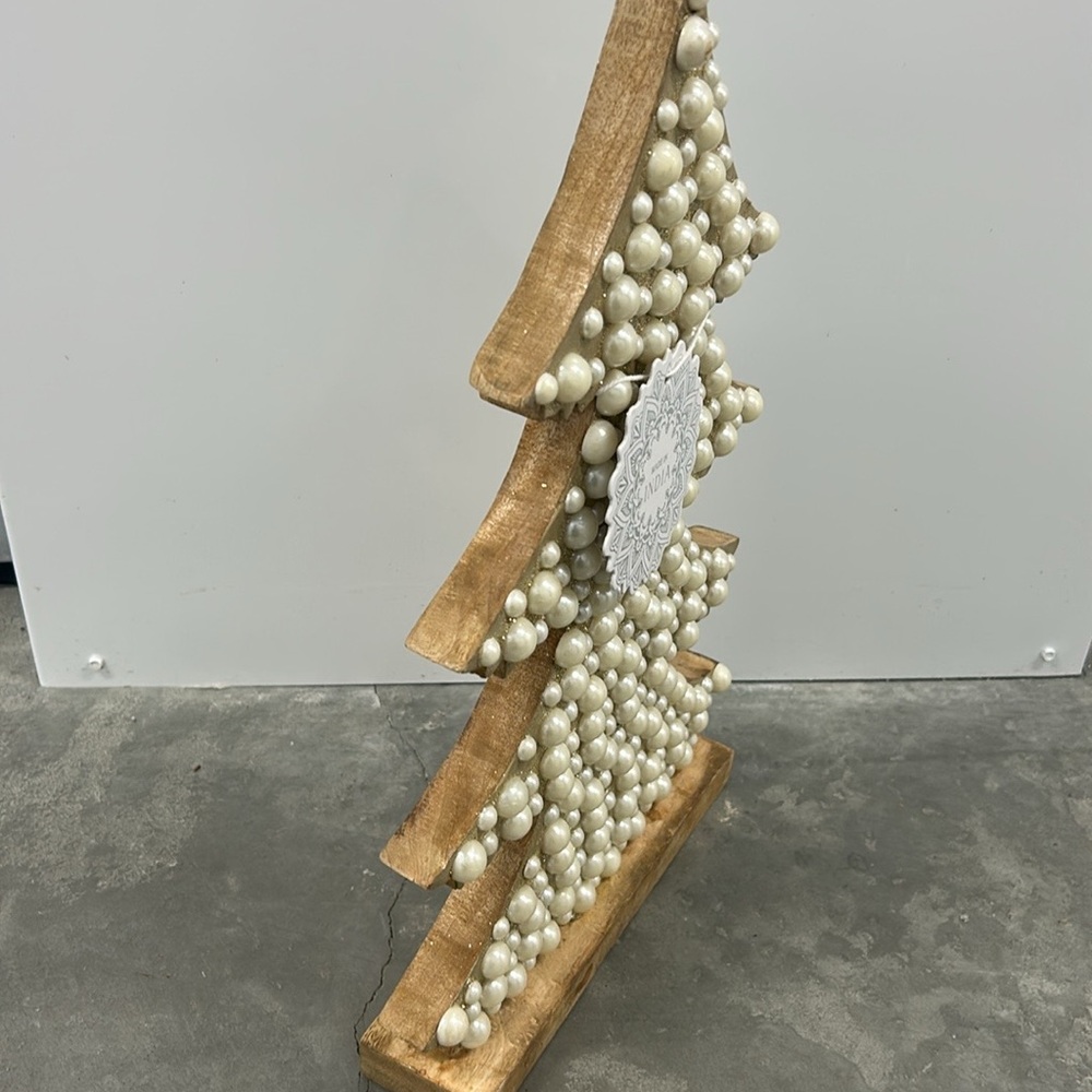 New Wood Christmas Tree With Pearls Shimmery Holiday Decor 16.5” Tall - Picture 2 of 3
